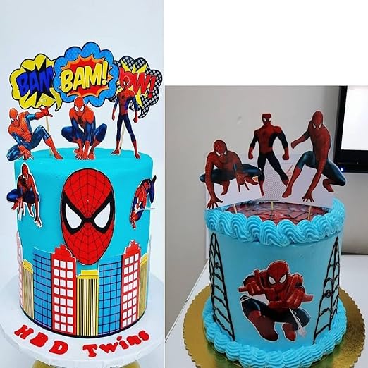 Happy Birthday Superhero Cartoon Theme Paper Cake Topper| Cartoon Theme Based Toppers For Cake/Cupcake Decoration For Kids/Boys (Pack of 6)
