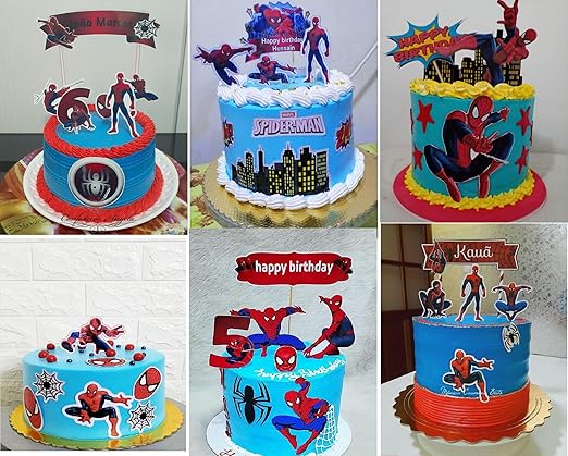 Happy Birthday Superhero Cartoon Theme Paper Cake Topper| Cartoon Theme Based Toppers For Cake/Cupcake Decoration For Kids/Boys (Pack of 6)