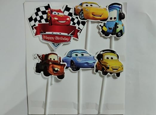 Happy Birthday Car Theme Paper Cake Topper| Fun Car Theme Based Toppers For Cake/Cupcake Decoration For Kids/Boys (Pack of 6)