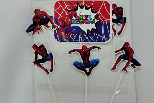 Happy Birthday Superhero Cartoon Theme Paper Cake Topper| Cartoon Theme Based Toppers For Cake/Cupcake Decoration For Kids/Boys (Pack of 6)