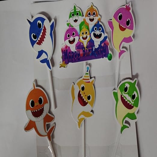 Happy Birthday Multicolor Baby Shark Theme Cupcake/Cake Topper Paper & Theme Based Cake Topper For Birthday Decoration Boys/Girls/Kids(Pack of 6)