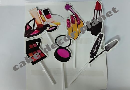 Makeup Theme Cupcake/Cake Topper Paper & Theme Based Cake Topper For Birthday Decoration Women/Girls/Kids(Pack of 6)